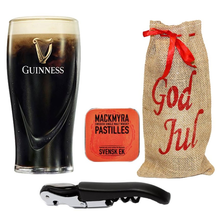 Julegavepakke med åpner, pastiller og Guinness ølglass Relief