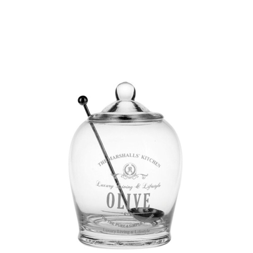 Mindre olivenkrukke i glass med skje